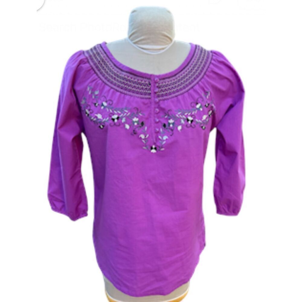 Notations Embroidered Peasant Top Round Neck 3/4 Sleeves Purple Sz. M Festival